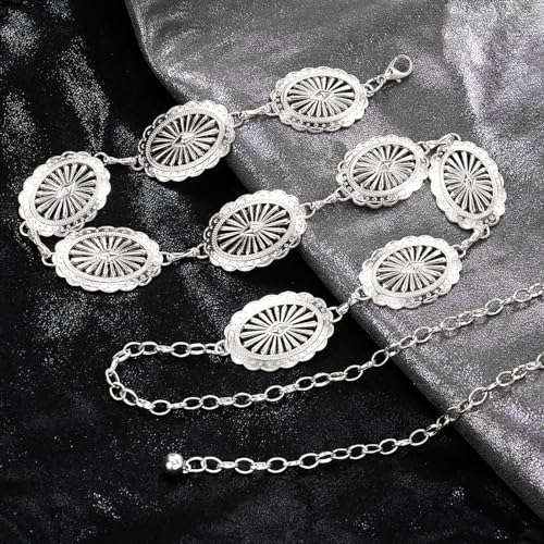 Women's Concho Chain Belt Western Cowgirl Metal Waist Chain Belt for Dress - color: A Silver, size: L: 53.1 in