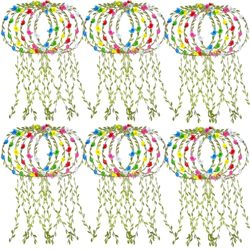 30 Pcs Assorted Colored Flower Crown Bohemian Floral Garland Headbands Multicolor Headband Garland Wreath Green Leaves Decor for Women Wedding Birthday Fairy Party Favor Supplies