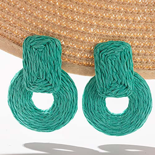 Statement Raffia Earrings Cute Boho Earrings Rattan Dangle Earrings Handmade Straw Wrap Earrings Summer Drop Dangling Earrings for Women Teen Girls - color: Turquoise Blue
