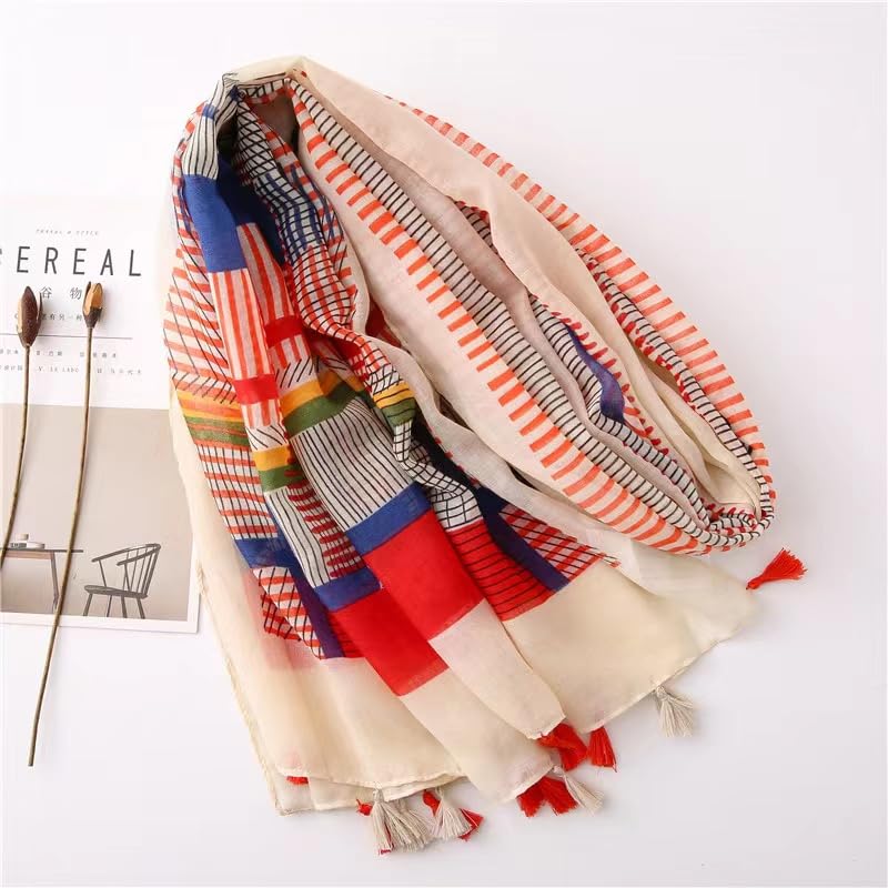 WaJuemy Travel Boho Scarf for Women Casual Lightweight Pashmina Scarves Fashion Multicolor Shawl Wraps with Fringed Beads - color: 02 Beight Multi