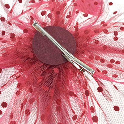 DRESHOW Fascinators Hat Flower Mesh Ribbons Feathers on a Headband and a Clip Tea Party Headwear for Girls and Women - color: 7" Diameter / Burgundy