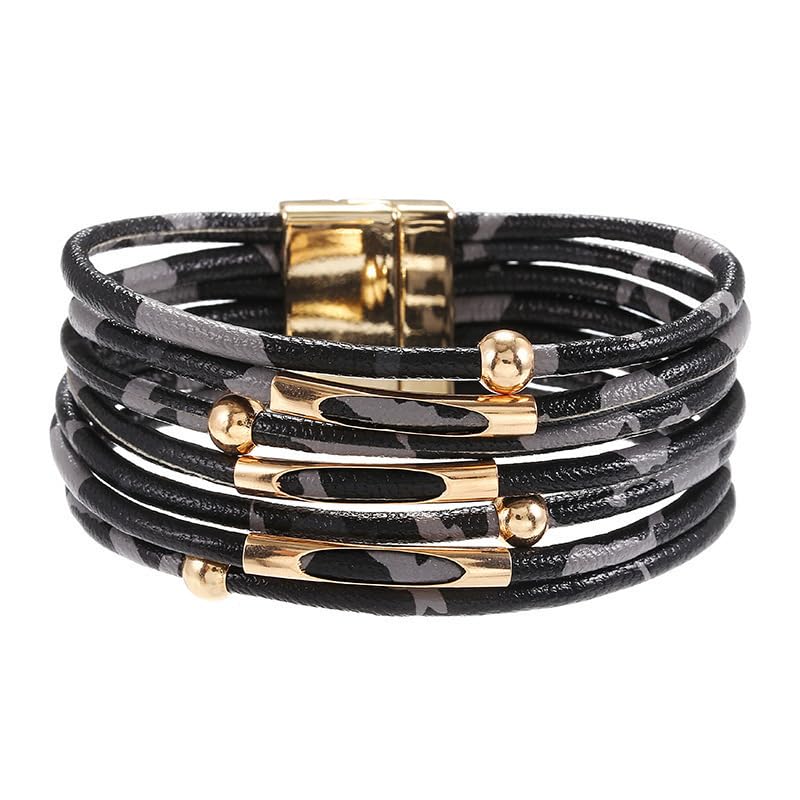 Circle Charm Leather Wrap Bracelet Bohemia Multilayer Leopard Handcrafted Layered Cuff Boho Multi-Chain Bracelet for Women Teen Holiday Jewelry - color: Style C
