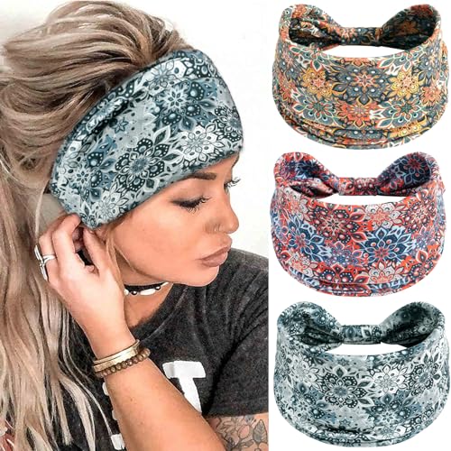 Boho Headbands for Women Vintage Flora Printed Stretchy Hair Bands Elastic Non-slip Twisted Knots Headwrap Headband Workout Yoga Hair Styling Accessories (Pack of 3) - color: Mixed