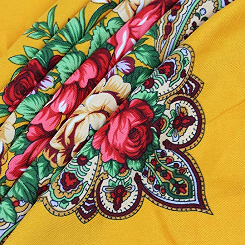 Gudessly Women's Traditional Scarf Wrap Tassel Fringes Neck Head Shawl Retro Scarf Floral Poncho Printing Square Cape 50inch - color: Yellow