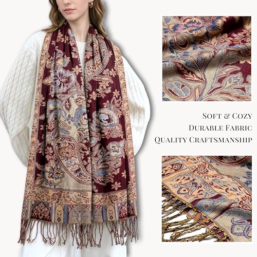 Achillea Elegant Paisley Floral Pashmina Shawl and Wrap – Boho Rave Scarf for Festival, Travel & Everyday Wear - color: Wine Blue