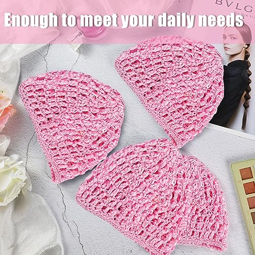 Geyoga 4 Pieces Mesh Crochet Hair Net Rayon Knit Snood Hat Thick Short Women Hairnet Snoods Cover Ornament for Sleeping (Pink) - color: Pink