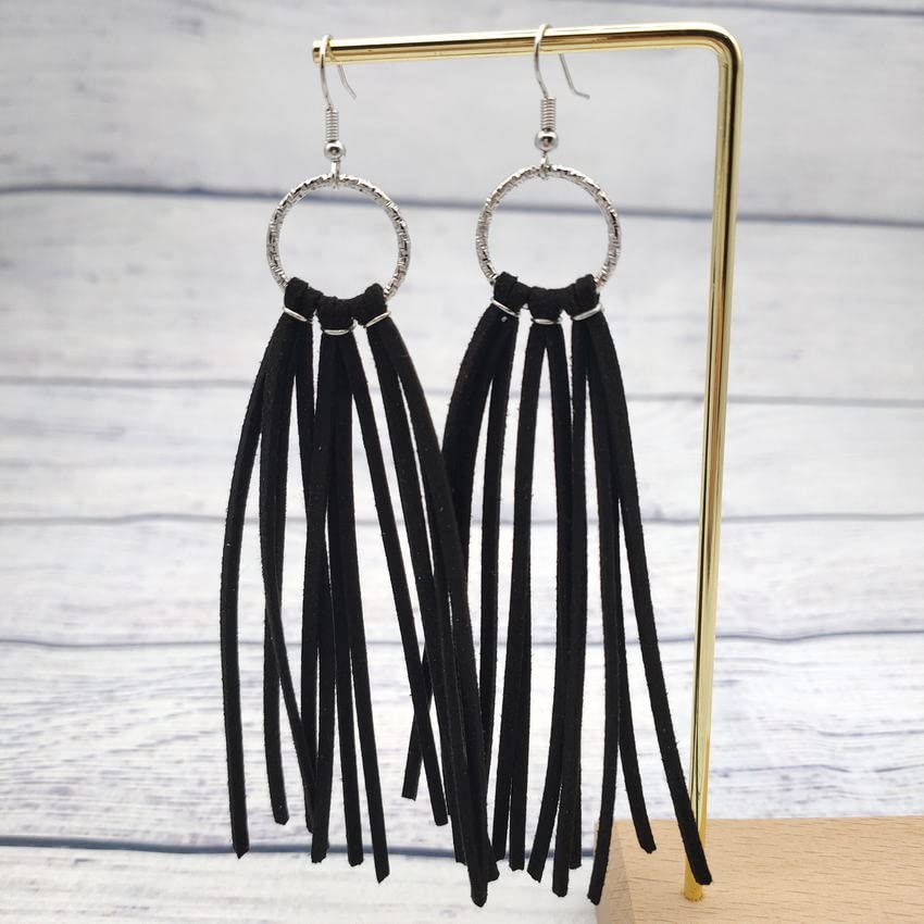 Bohemian Statement Light Weight Fringe Leather Earrrings Triangle Deerskin Leather Boho Western Statement Dangel Earrings for Women - color: Black