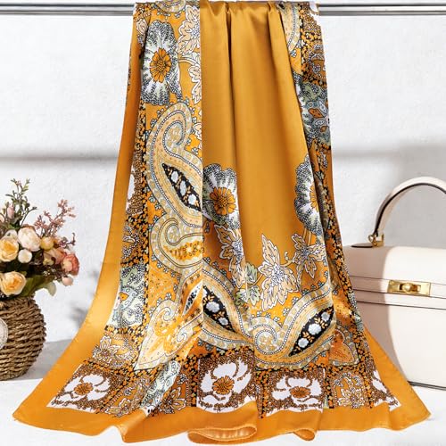Pistha Head Scarf Bandana for Women, Satin Scarf for Hair, Large Square Silk Bandana Headscarf for Women and Men 35 Inch - style: Classic-gold