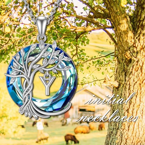 TOUPOP Gifts for Women Tree of Life Initial Necklace 925 Sterling Silver Letter Pendant with Blue Crystal Birthday Jewelry Gifts for Women Her Mom Wife Daughter - color: Tree of Life Y Initial