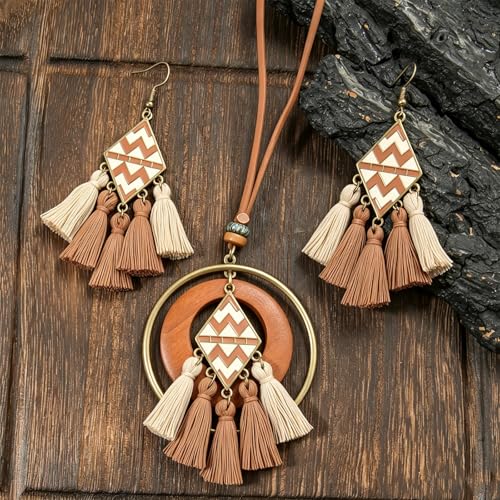 Wooden Leather Necklaces Set Bohemian Wood Stack Discs Long Chain Hemp Rope Bronze Plated Pendant Ethnic Tribal Fall Leaf Earrings Jewelry Statement Necklace - color: R-032