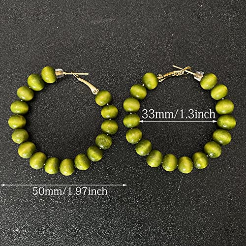 Handmade Nature Wooden Beaded Hoop Earrings Bohemian Minimalist Colorful Circle Round Wood Bead Earrings Vintage Chic Wooden Ethnic Dangle Drop Earrings for Women Statement Jewelry Gifts - color: Olive green