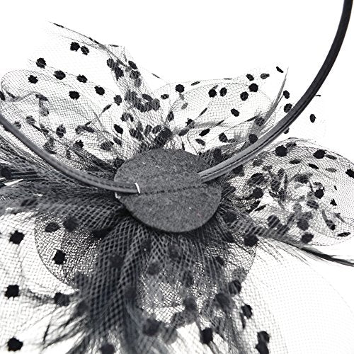 DRESHOW Fascinators Hat Flower Mesh Ribbons Feathers on a Headband and a Clip Tea Party Headwear for Girls and Women - color: 7" Diameter / Black