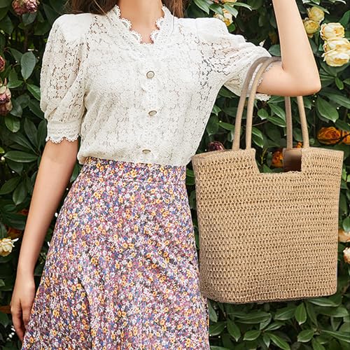 WantGor Straw Beach Bags, Women Summer Woven Tote Bag Large Boho Shoulder Handbags Casual Travel Beach Bag Foldable Hobo Bags - color: Khaki
