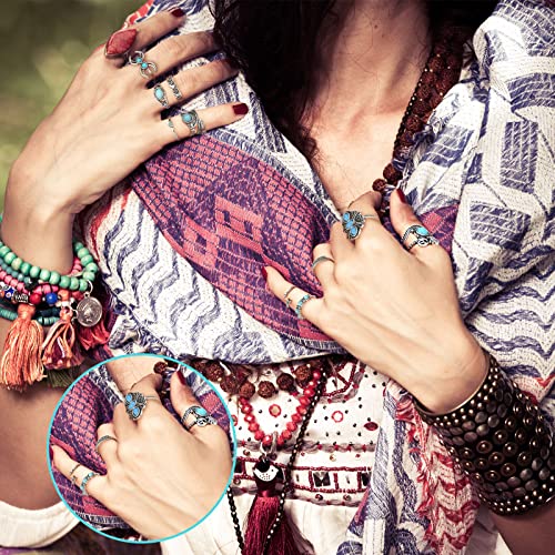 Huquary 84 Pcs Vintage Turquoise Rings for Women Bohemian Silver Oval Gemstone Western Boho Stackable Joint Knuckle Midi Stacking Rings Set for Women Girls Gifts