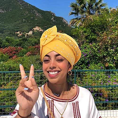 Woeoe Beanie Cap Head Wrap Black Rhinestones Head Scarf Flower Pearls Twisted Head Turban for Women Girls - color: Yellow