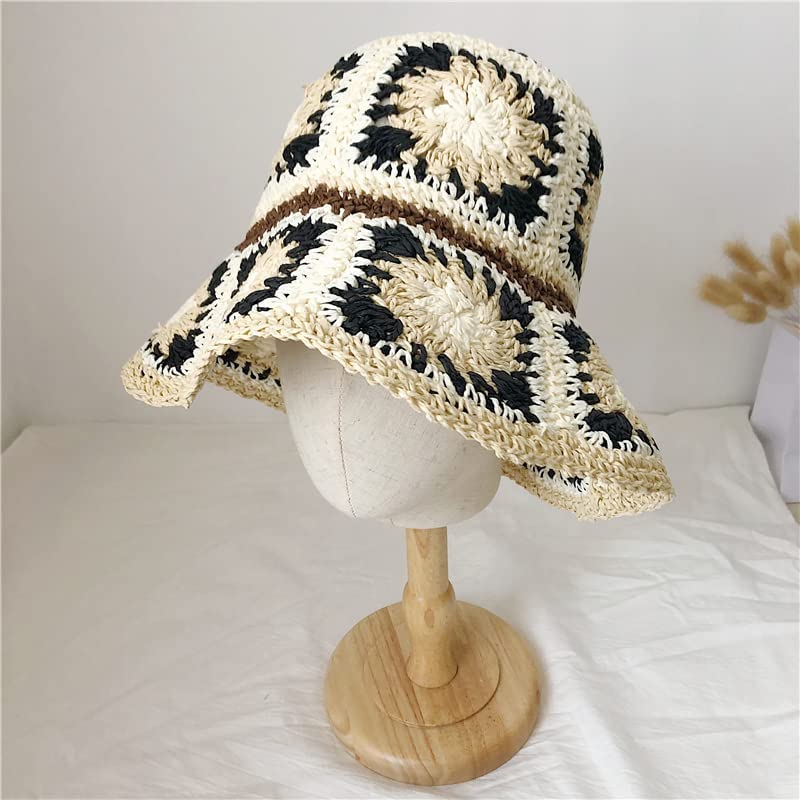 Women Straw Sun Hat Floral Woven Crochet Bucket Hat Y2k Aesthetic Accessories Beach Hat Hand Woven Boho Foldable Cap - color: Black