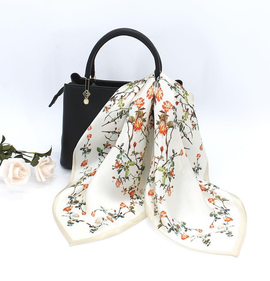 ANDANTINO 100% Mulberry Silk Scarf -21” Square Neckerchief with Gift Packed - color: Flowers-white