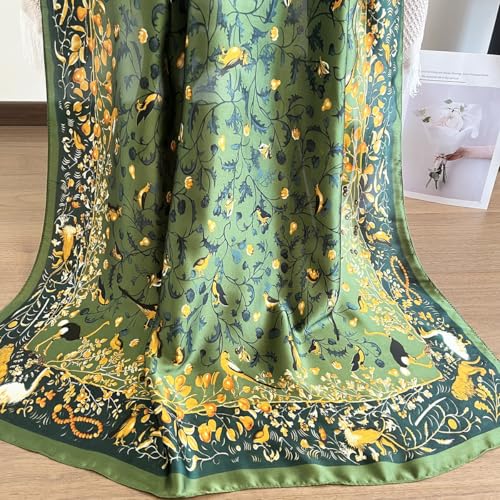 Long Silk Like Scarf Lightweight Satin Scarves Large Sunscreen Shawl Wrap for Women - color: 001.birds and Flowers Green