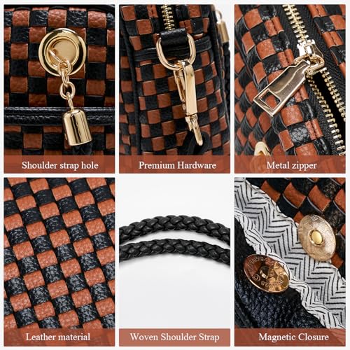 Chic Woven Crossbody Camera Bag, Soft Vegan Leather Purse with Designer Look & Braided Handle - color: Black and Brown Checkered