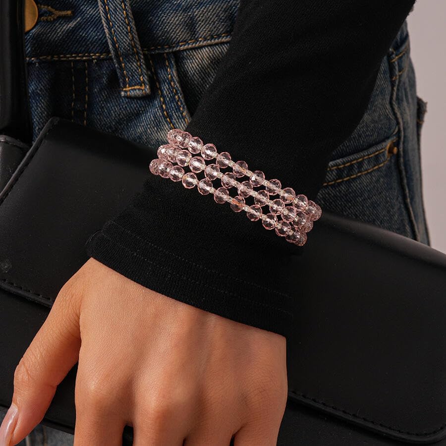Caiyao Bohemia Multilayer Glass Beaded Charm Bracelets Handmade Resin Beads Stackable Wrap Bracelet Layered Open Cuff Bnagles for Women Holiday Vacation Boho Jewelry Gifts - color: Pink