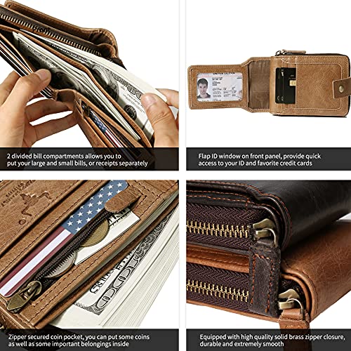 MING CLAN Men's Zipper Wallet, Tobacco Leather, RFID Blocking, Big Capacity, Flap ID Window, 12 Credit Card Slots, 2 Bill Compartments, 2 Vertical Pockets - color: Tobacco