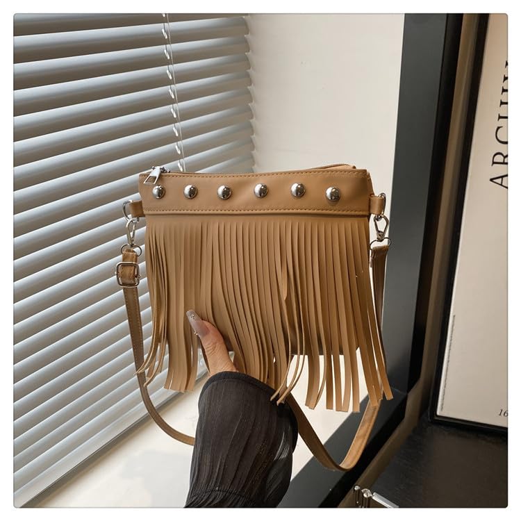 Fringe Shoulder Bag with Studs, Vintage Style Crossbody Purse, Spacious Women's Boho Bag - color: Khaki