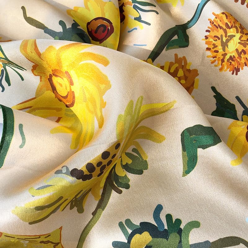 100% Mulberry Silk Neck Scarf 21''x21'' Small Square Hair Scarf for Women Men Lightweight Bandana Envelope Package - color: Floral- Yellow