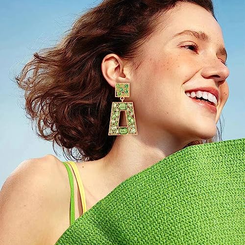 Rhinestone Rectangle Statement Earrings Colorful Crystal Geometric Drop Dangle Earrings for Women Prom Party - color: Lime Green