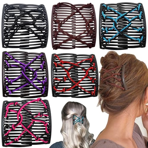6 Pieces Stretchy Double Hair Combs - Magic Adjustable Elastic No Crease Bun Maker Accessories for Women's Curly, Thick, Wavy Hair Ponytails
