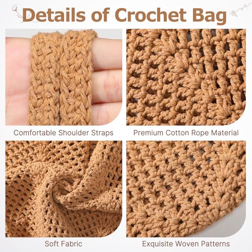 Tavaleu Crochet Tote Beach Bags for Women, Mesh Beach Tote Knit Bag, Summer Vacation Aesthetic Boho Hobo Shoulder Bag - color: Khaki - Mesh Crochet