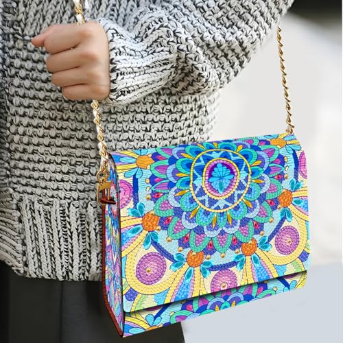 C'eitura Mandala Diamond Art Painting Wooden Pouch Kit, DIY Crossbody Bag with Chain, 5D Boho Shoulder Bag with Zipper, Handmade Hippie Festival Purse for Women - color: SKB209