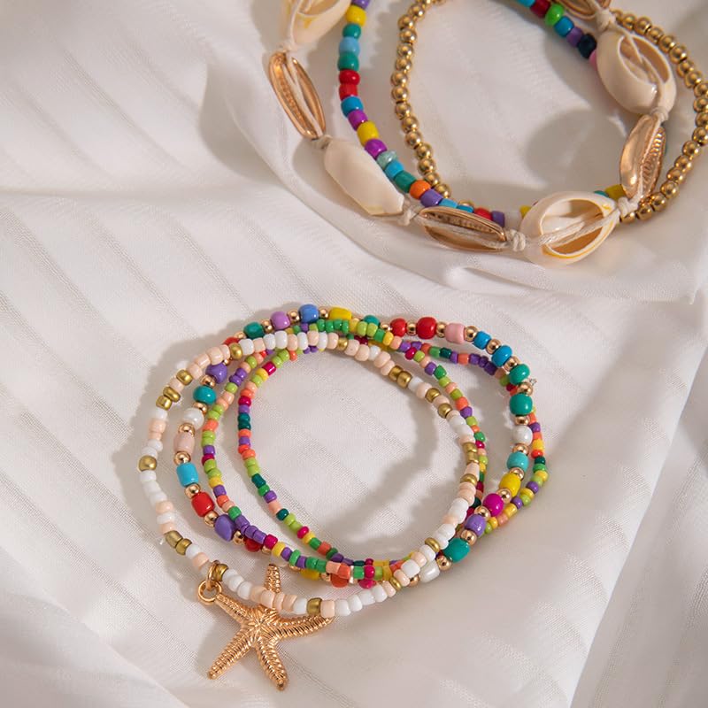 Pingyongchang Bohemian Stackable Shell Beaded Ankle Bracelets for Women Colorful Boho Multi-Layer Seashell Gold Starfish Adjustable Handmade Braid Bracelet Summer Beach Holiday Accessories Gifts - color: Multi