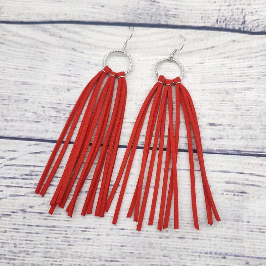 Bohemian Statement Light Weight Fringe Leather Earrrings Triangle Deerskin Leather Boho Western Statement Dangel Earrings for Women - color: Wine Red