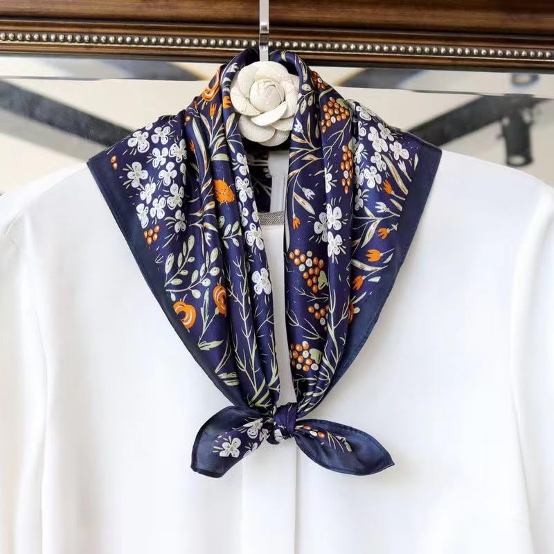 ANDANTINO 100% Mulberry Silk Scarf -21” Square Neckerchief with Gift Packed - color: Flowers-navy