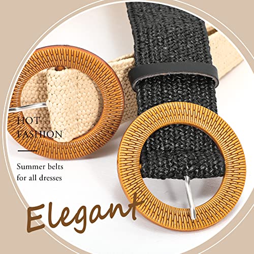 VONMELLI 3 Pack Straw Woven Elastic Stretch Waist Belt Fashion Boho Dress Braided Belts for Women Khaki Beige Black M
