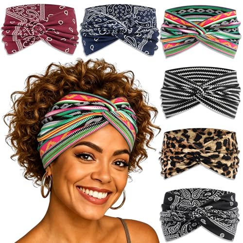 6 Pack Boho Headbands for Women Wide Twist Knotted Head Wraps Turban Stretchy Leopard Hair Bands Elastic Non-Slip Workout Head Wraps Accessories (Multicolor-5) - color: Multicolor-5