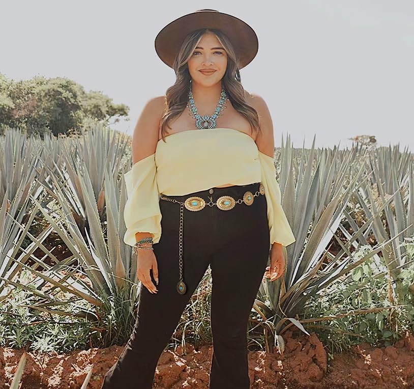 XZQTIVE Women Boho Chain Belts For Dresses Jeans Western Cowgirl Waist Links Belt Adjustable Metal Concho Belt - size: Fit Waist upto 36inches, style: Green Turquoise Matte Gold