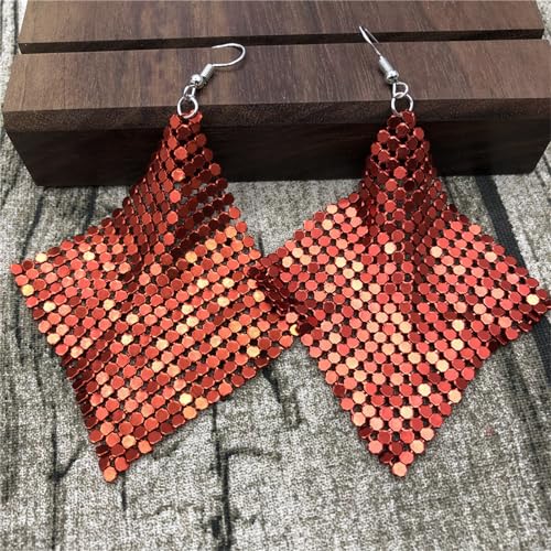 coadipress Metal Mesh Grid Sequins Tassel Long Drop Dangle Earrings for Women Trendy Lightweight Charms Disco Vintage Colorful Long Hook Earrings Bridal Wedding Jewelry - color: RED