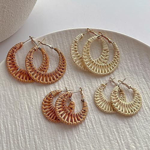 Lightweight Geometric Rattan Earrings for Women Handmade Braid Woven Raffia Straw Wicker Hoop Statement Earrings Summer Jewelry - color: big dark