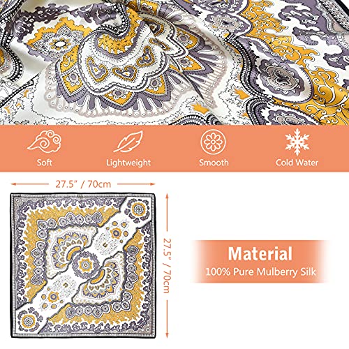 Stlvoll 100% Silk Head Scarf for Women - 27" Hair Scarves Satin Bandanas Square for Night Sleeping with Gift Packed - color: White/Yellow/Cashew Flower