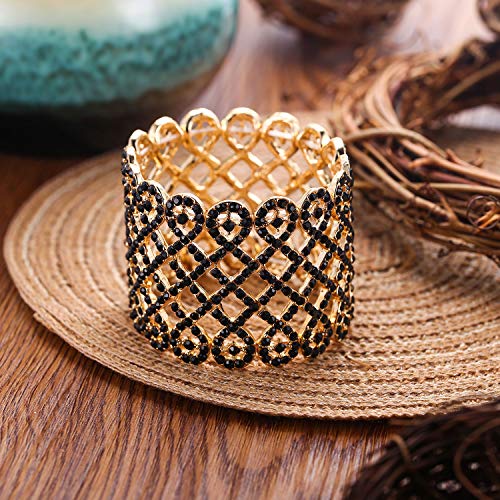 EVER FAITH Art Deco Love Knot Wide Stretch Bridal Bracelet Austrian Crystal - color: Black Gold-Tone