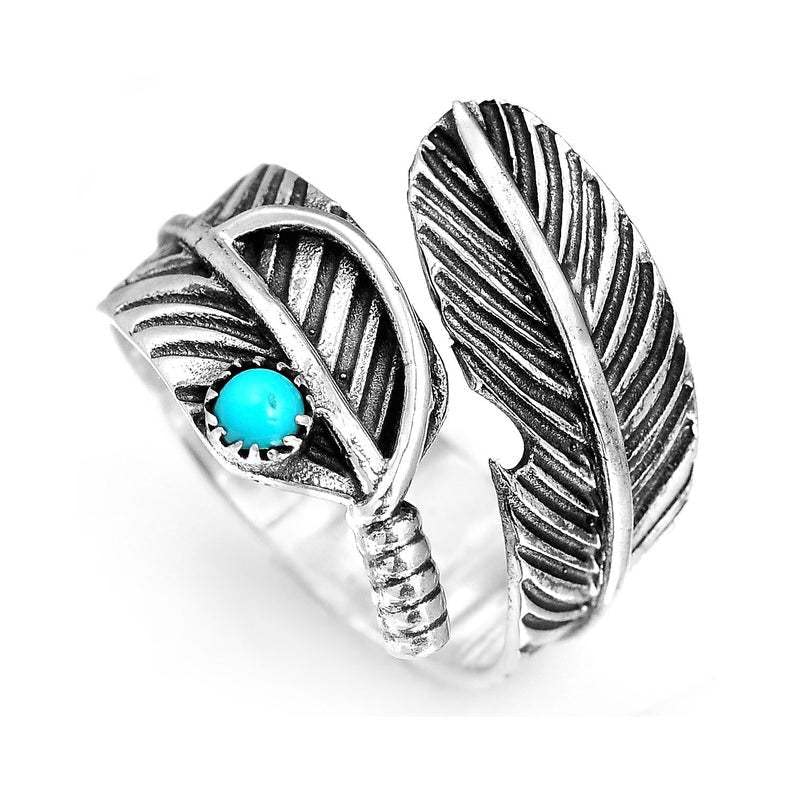 Retro Angel Wing Ring Adjustable Feather Silver Gold Antique Jewelry for Women Men Dainty Wrap Open Thumb Rings for Women Open Punk Birthday Gift Friendship - style: TurquoiseFeather