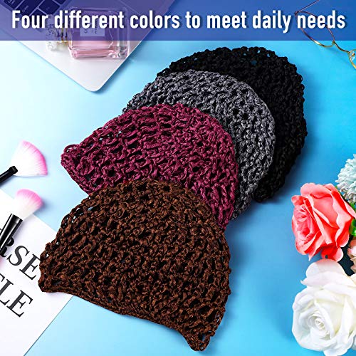 Geyoga 4 Pieces Mesh Crochet Hair Net Rayon Knit Snood Hat Thick Short Women Hairnet Snoods Cover Ornament for Sleeping (Black, Gray, Wine Red, Brown) - color: Black, Gray, Wine Red, Brown