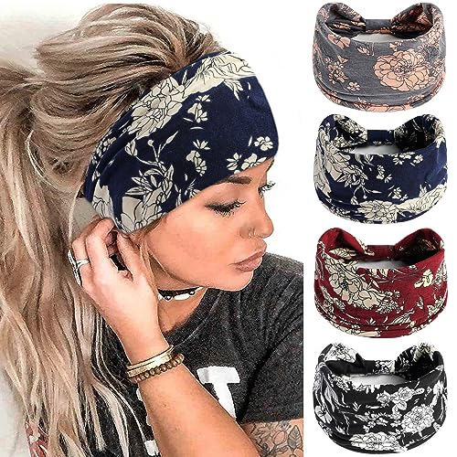 FULZTEY Boho Headbands for Women Fashion Wide Headwraps Vintage Floral Print Hairbands Soft Fabric Bandanas Non-Slip Sport Yoga Sweat Turban Knotted Head Bands for Women's Hair Accessories 4 Pack - color: Style 17