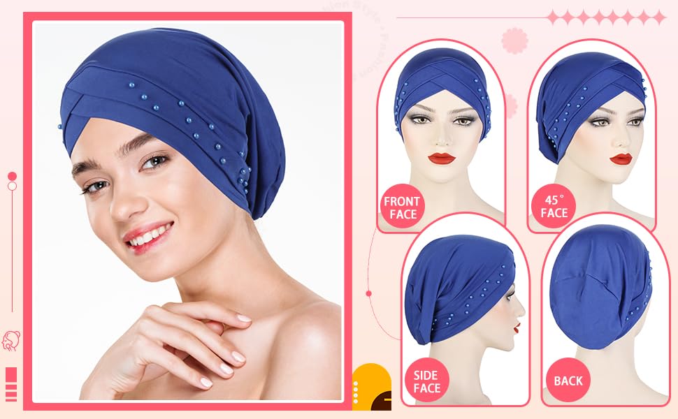Women Beaded Silky Beanie, Pre-Tied Turban Head Wrap Cap for Chemo Chemical Cancer Hair Loss Cover Hat - color: Khaki