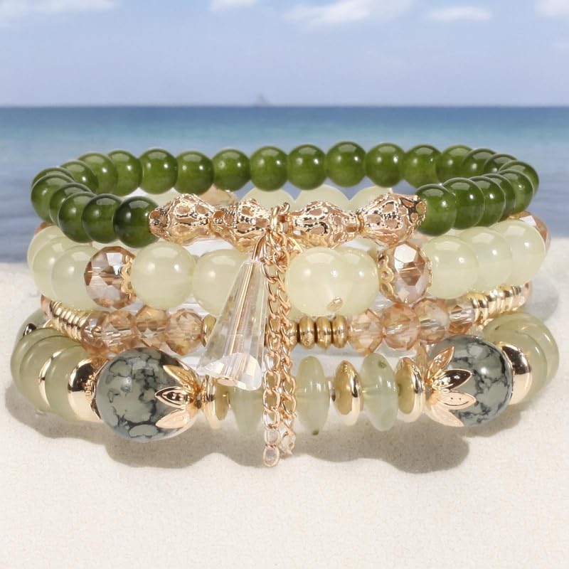 Caiyao 4Pcs Bohemia Multilayer Stackable Beaded Bracelets Set Colorful Crystal Stone Gold Beaded Stretch Bracelets Hawaii Charm Bracelet for Women Men Summer Beach Boho Vacation Jewelry Gifts - color: Green