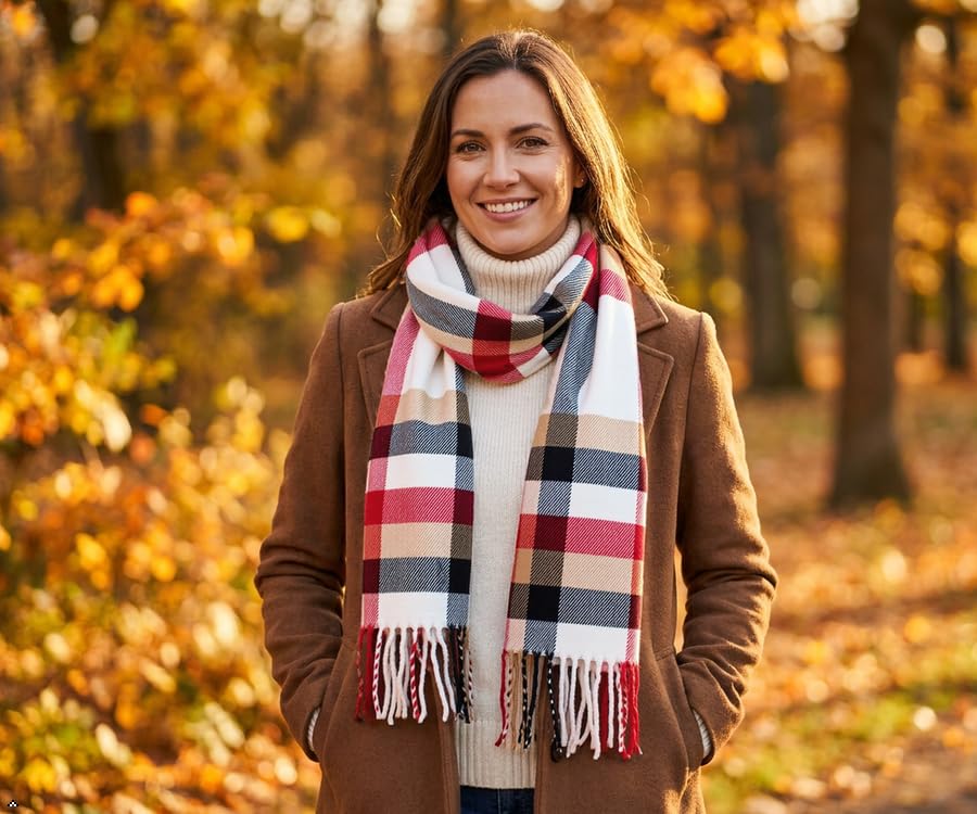 VERONZ Super Soft Classic Cashmere Feel Winter Scarf - color: White Red Plaid