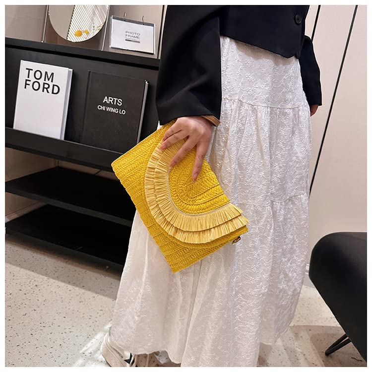 Crossbody Bags for Women, Straw Clutch Purses, Bohemian Handmade Woven Envelope Package, Tassel Handbags for Women | Bohemian - color: Yellow