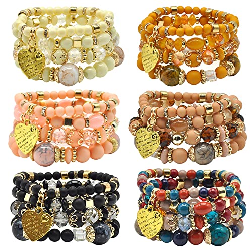 Bohemian Bracelet Sets for Women - 6 Sets Stackable Stretch Bracelets Multi-color Boho Jewelry for Women Hippie Bracelets Dainty Jewelry - color: Stackable bracelets with heart charm