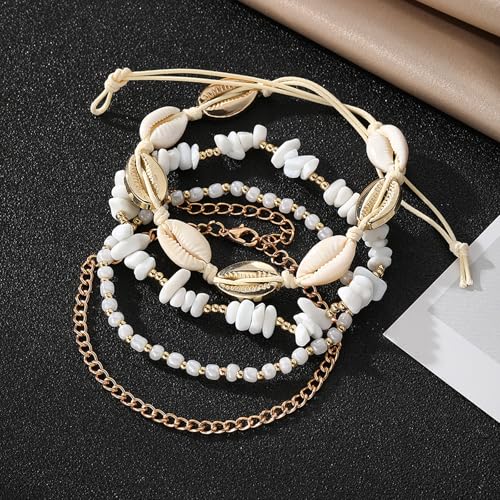 Beach Anklets for Women Boho Beaded Ankle Bracelets Set Adjustable Dainty Gold Anklets Stackable Hawaiian Vacation Beachy Pearl Seashell Starfish Conch Foot Jewelry - color: 4PCS Anklets